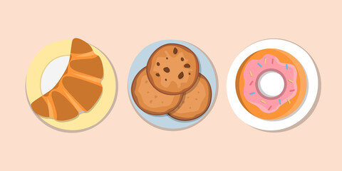 Cookies, croissant and donut on plates. Vector illustration