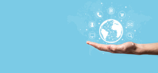 Business man hiold, use,press infographic icon of community technology digital.Concept of hi tech and big data. Global connection.IoT Internet of Things . ICT Information Communication Network .