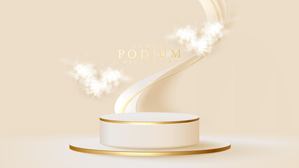 White podium display product and heart shape cloud with sparkle gold lines element, Realistic 3d luxury style background, vector illustration for promoting sales and marketing.