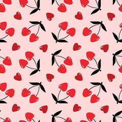 Cute heart-shaped red cherries vector seamless pattern background.
