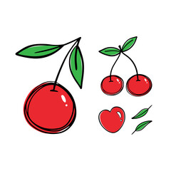 Set, collection of doodle red cherres and green leaves vector cartoon icon, illustration.