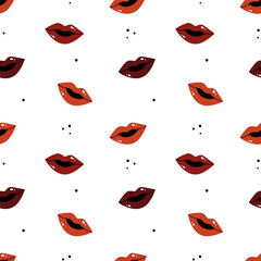 Colorful lips with different lipstick colors and dots vector seamless pattern background for make up and fashion design.

