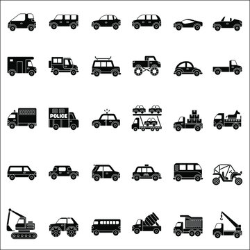 Black and white city vehicles flat icon collection set