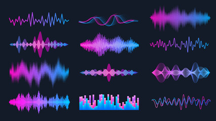 Sound waves set, music wave HUD interface elements, frequency audio waveform, voice graph signal. Vector audio electronic color wave - obrazy, fototapety, plakaty