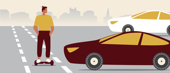 Giroboard in an urban, flat vector stock illustration with a young man on a gyroboard and a car in an urban