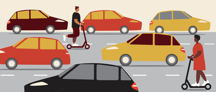 Traffic jam of cars and people on an electric scooter, flat vector stock illustration with traffic jam and freedom of movement in a traffic jam of an e-scooter