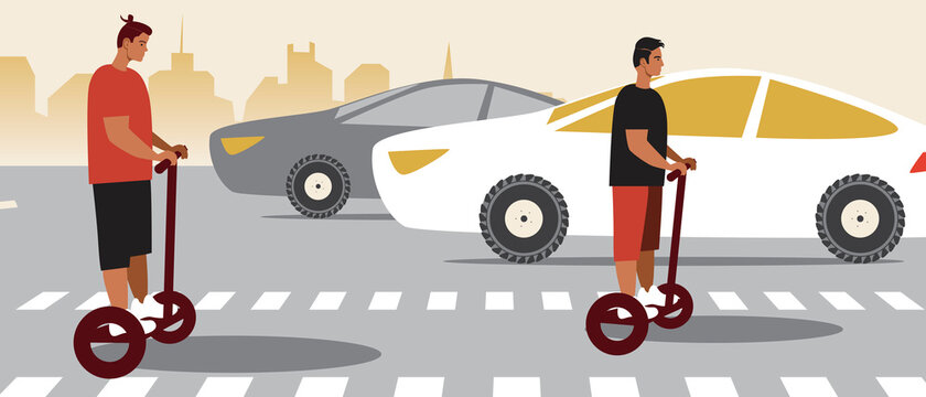 Giro scooter on a bike lane, Flat vector stock illustration with a bike lane in the city or People and a gyro scooter on the road