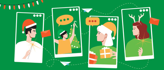 Family Christmas online, Flat vector stock illustration with Christmas video call with old, adult, child as people of different ages