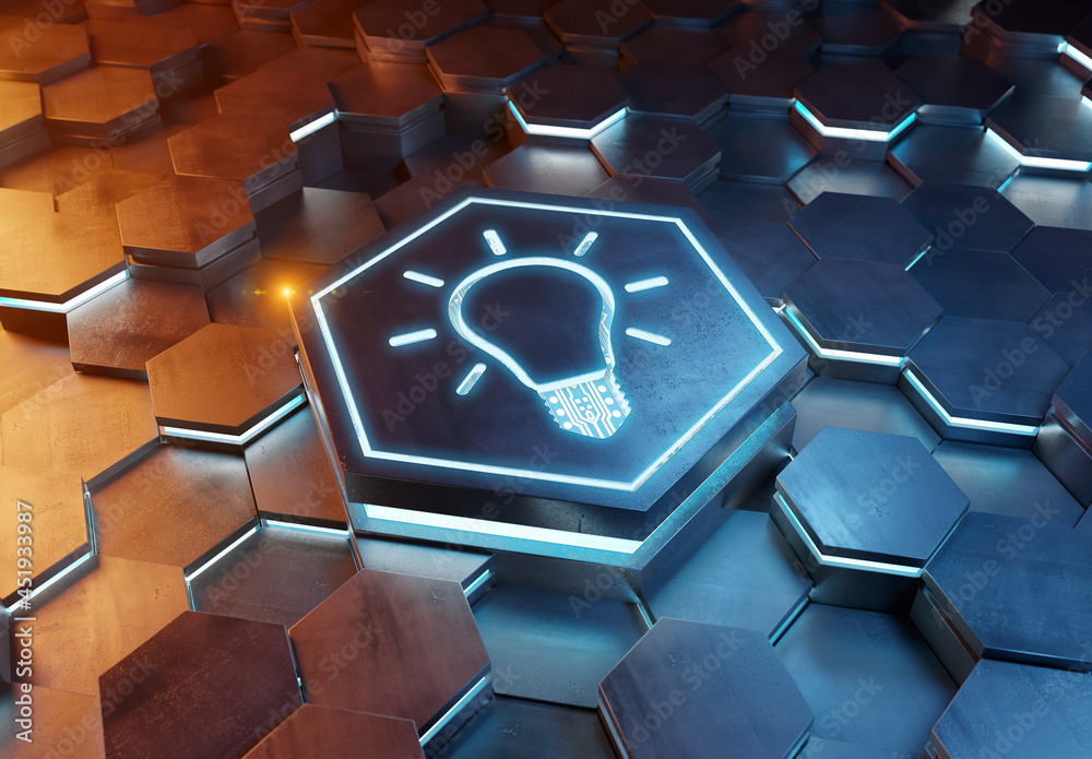 Aufkleber Lightbulb icon creativity concept engraved on metal hexagonal pedestral background. Innovation symbol glowing on abstract digital surface. 3d rendering