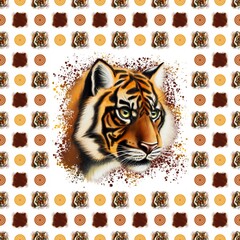 Seamless pattern with illustration of tiger faces, large and small, with brown, terracotta and yellow-orange elements and splashes