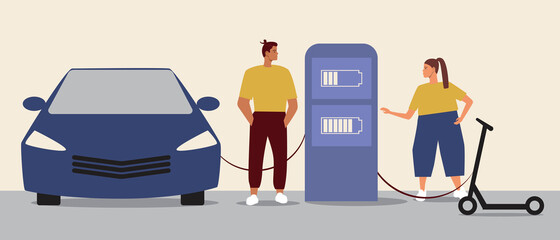 Charging station with electric car and electric scooter, flat vector stock illustration with people as eco-friendly transport concept
