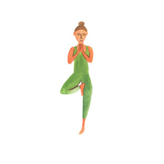 Woman does yoga on white background
