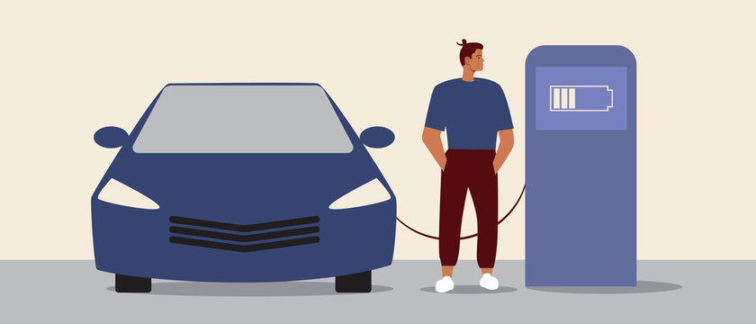 Electric car charging station, Flat vector stock illustration with Electric power and Battery for recharging