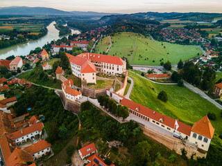 Ptuj Castle in Ptuj , Slovenia at Sunrise. Aerial Drone View