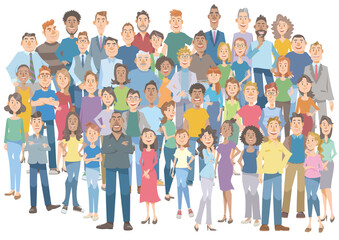 Crowd of diverse people standing together on white background.  Vector illustration in flat cartoon style.
