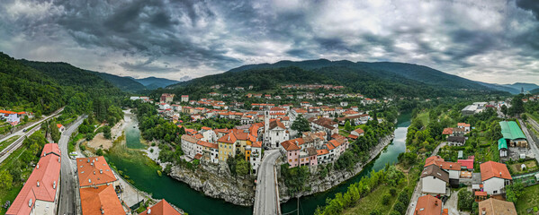 Aerial Panorama of Kanal ob Soci, Picturesque Town in  Soca Valley Slovenia