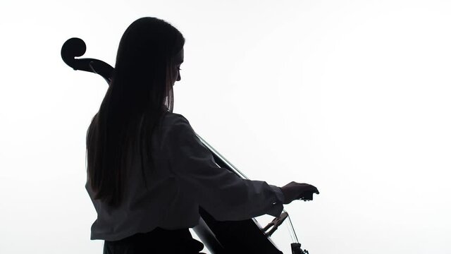 Silhouette Of Girl Sitting And Playing The Cello On White Background, Side View. Studio Shooting. Mockup For Double Exposure