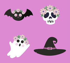halloween monsters set with flower crown purple pink theme