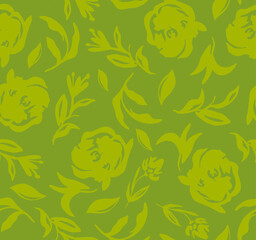 Abstract Hand Drawing Roses Flowers and Leaves Seamless Vector Pattern Isolated Background