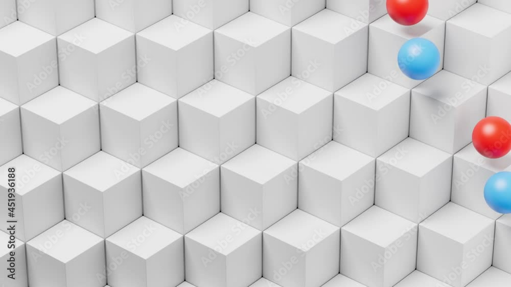 Poster two colored balls jumping and rolling down on white cubes. abstract pattern-based background. 3d ren
