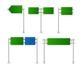 Fototapeta premium Realistic green street and road signs. City illustration vector. Street traffic sign mockup isolated, signboard or signpost direction mock up image