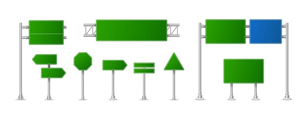 Realistic green street and road signs. City illustration vector. Street traffic sign mockup isolated, signboard or signpost direction mock up image