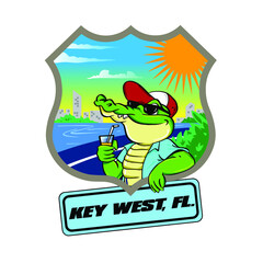Relax Crocodile Drinking Beverage holding Key West Sign.