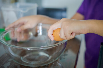 Hand Cracking an Egg into a Bowl. Cooking at home.