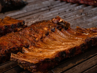 close up of beef or pork ribs roasted