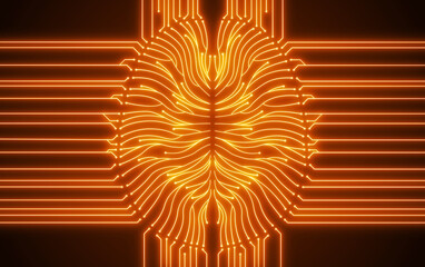 Glowing orange digital computer brain circuit diagram illustrating artificial intelligence - 451936594