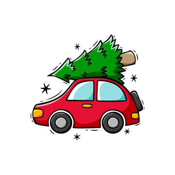 Hand drawn icon of red car with Christmas tree in doodle style isolated on white background.