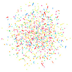 Multicolored glitters on white. Geometrical background with confetti. Pattern for design. Print for polygraphy, posters, banners and textiles. Greeting cards