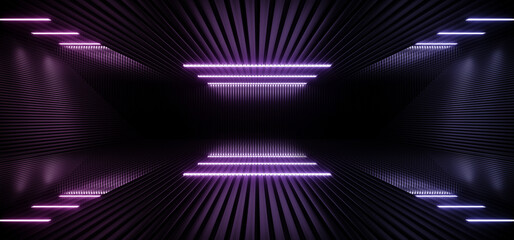 Obraz premium Neon Laser Blue White Led Lights Sci Fi Futuristic Modern Spaceship Dark Tunnel Corridor Hangar Garage Metal Glossy Showroom Empty Stage 3D Rendering