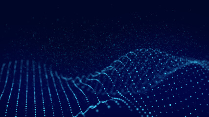 Abstract wave shaped array of glowing dots. Wave 3d. Abstract wave dots in dark background. Data technology background.