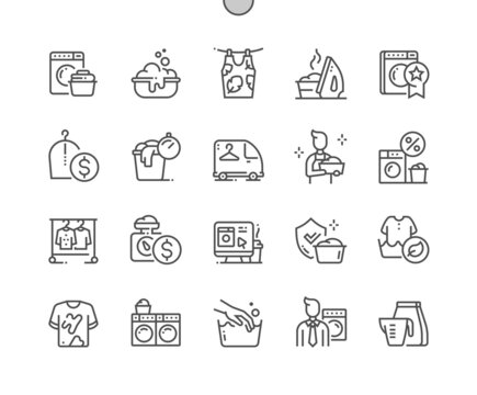 Laundry. Express cleaning. Best washing machine. Laundry sale. Eco friendly wash. Pixel Perfect Vector Thin Line Icons. Simple Minimal Pictogram