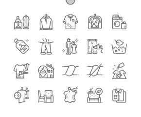 Dry cleaning. Clean shirt. Stain treatment. Clothing repair. Pixel Perfect Vector Thin Line Icons. Simple Minimal Pictogram