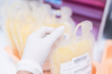 Close up scientist hand holding fresh frozen plasma bag in storage blood refrigerator at blood bank...