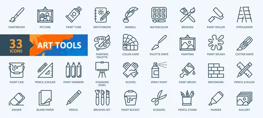 Tuinposter Paint art tools, design - thin line web icon set. Contains such Icons as Spray, Color palette, Paint Bucket and more. Outline icons collection. Simple vector illustration. © Happy Art