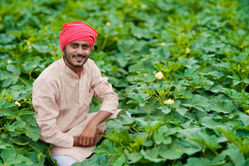 Young Indian farmer at green agriculture field.