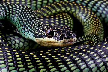 Fototapeta premium Flying snake closeup on black backround, Flying snake ''Chrysopelea''