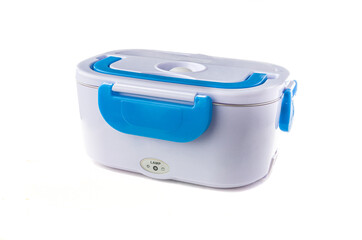 Heated lunch box for carrying and storing food. White background. Close-up. Isolated.