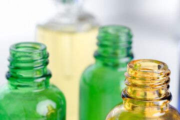 Dropper glass bottles with pipette. Transparent hyaluronic natural beauty product and eco serum skin care concept. Top horizontal view copyspace.