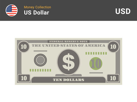 10 US Dollar bill. American money banknote. Currency vector set. Stylized drawing of bills. Flat vector illustration.