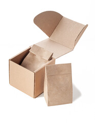 A set of paper bags for bulk products from kraft paper and boxes for transportation. White background. Isolated.