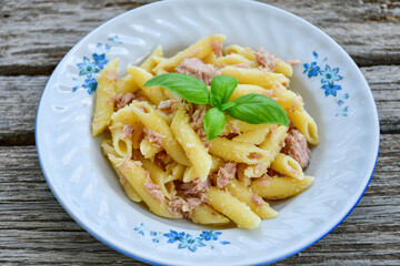  Italian home made   penne pasta  with  tuna  fish, parmesan cheese and black pepper .