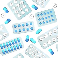 Medicines seamless pattern. Illustration with pills. Concurrency. Medicinal drugs. Pharmaceuticals. Ambulance. Pharmacy. Flat design. Vector