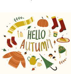 Vector set of autumn items: sweater, scarf, rubber boots, woolen socks, hat, umbrella, candles, hot tea, pie, pumpkin, leaves and acorns. Isolated design elements. Lettering
