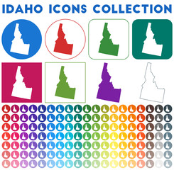 Idaho icons collection. Bright colorful trendy map icons. Modern Idaho badge with US state map. Vector illustration.