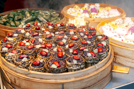 Local street food and snacks sold at the Qibao Old Street in Qibao Ancient Town, a historic water township of Qibao in the Minhang District of Shanghai, China