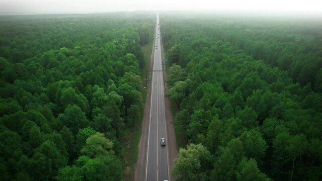 A lonely road with traffic between green forests. Smoke and smog of forest fires. An ecological concept. Saving the forests. Aerial view.